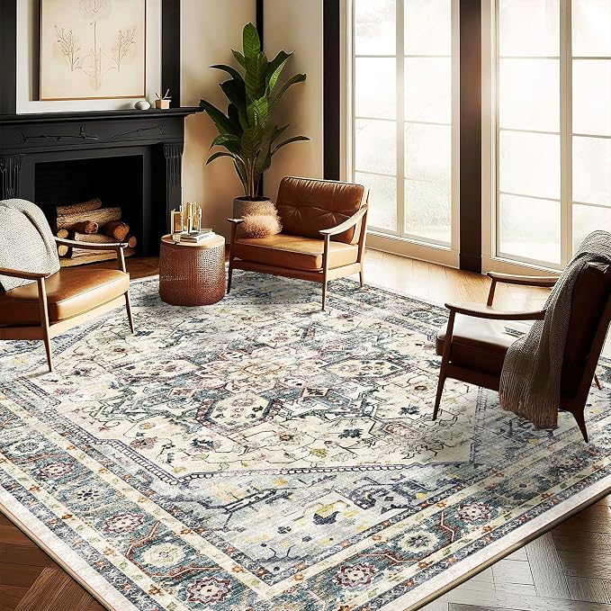 CHAMPLANT Washable Area Rug 10'x14' Cyan Khaki Retro Flowers Boho Design Non-Shedding Easy Care Ideal for High Traffic Areas in Living Room Bedroom Office Coffee Table Kitchen Large Carpet