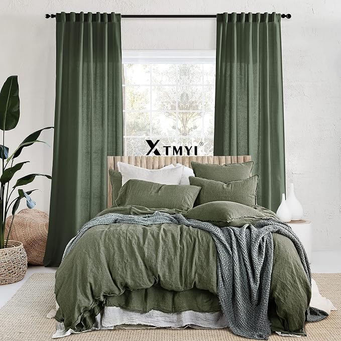 XTMYI Olive Green Closet Door Curtain for Open Closet, Boho Semi Privacy Linen Sheer Accordion Doors Doorway Curtain Tapestry, 40 Inch Wide, 78 Inch Length 2 Panels Set