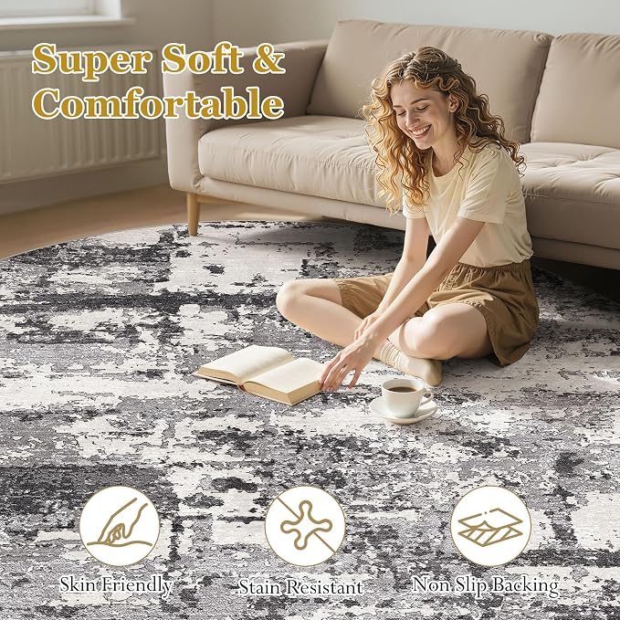 Area Rugs for Living Room: 10x10 Abstract Washable Rug Modern Neutral Large Soft Stain Resistant Non-Slip Backing Machine Table for Bedroom Dining Room Indoor Home Office Carpet - Black Grey