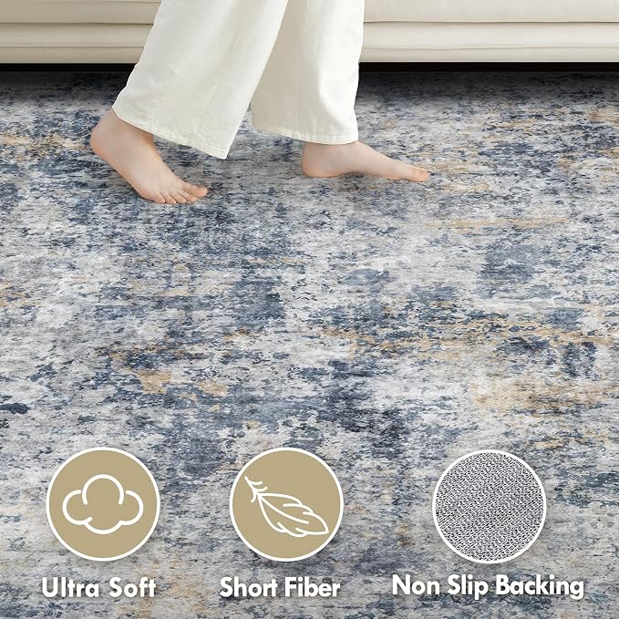 Tortania Washable 6x9 Area Rug for Living Room: Modern Abstract Neutral Large Soft Thin Rugs - Non Slip Indoor Carpet for Bedroom Dining Room Office Nursery Home Floor Decoration - Blue Grey