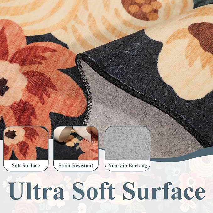 DUKINO 2x10 Runner Rug for Hallway, Washable Kitchen Rug with Non Slip Backing & Non-Shediing, Soft Low Pile Floral Design Runner for Bedroom, Kithchen, Living Room, Laundry, Bathroom, Navy Blue