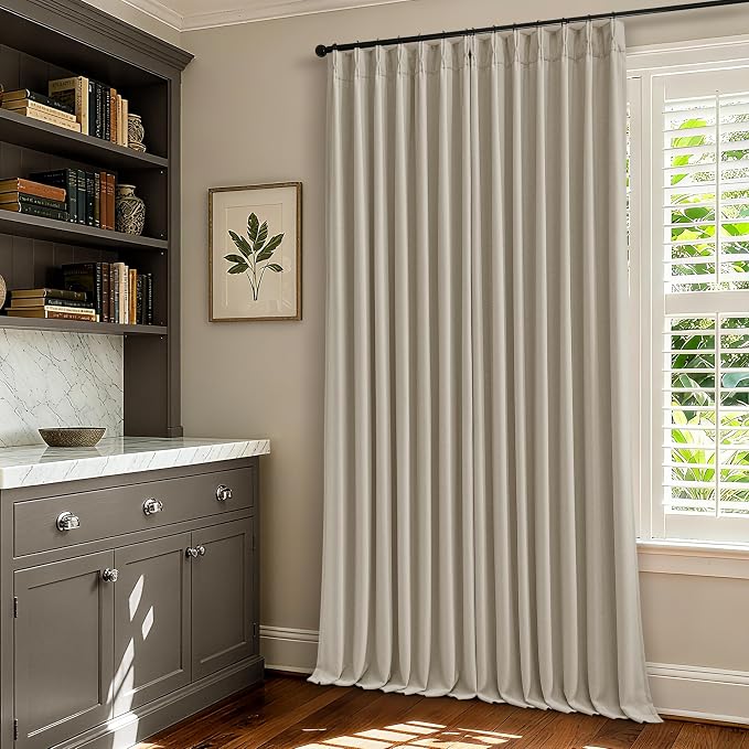 Pinch Pleated Blackout 96 Inch Bedroom Curtains 70 Inch Wide Linen Dual Layer Soundproof Farmhouse Window Curtains for Living Room Hooks Rings Back Tab 100% Black Out Drapes Beige Oatmeal 1 Panel