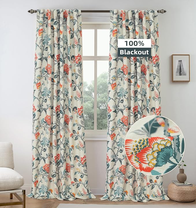DriftAway Ada Floral Botanical Print Flower Leaf Lined Thermal Insulated Room Darkening Blackout Window Curtains 2 Layers Set of 2 Panels Each 52 Inch by 102 Inch Orange Teal Beige Linen