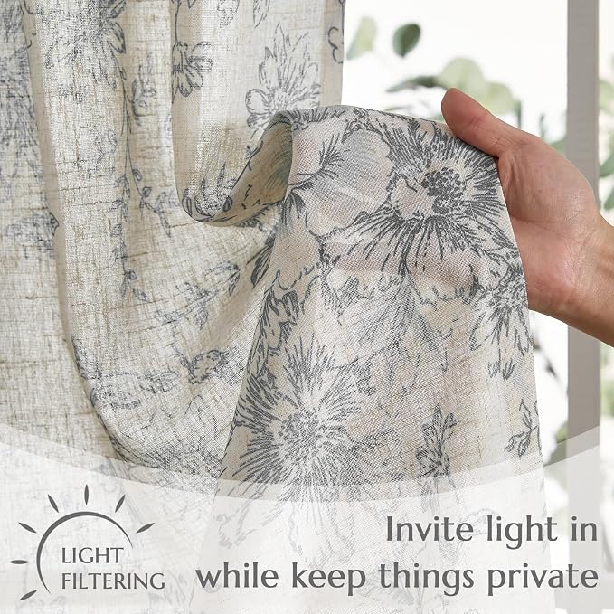 jinchan Linen Floral Tier Curtains 36 Inch Farmhouse Botanic Grey Cafe Curtains Light Filtering Drapes for Small Windows Back Tab Half Window for Kitchen Living Room Bathroom 2 Panels Gray