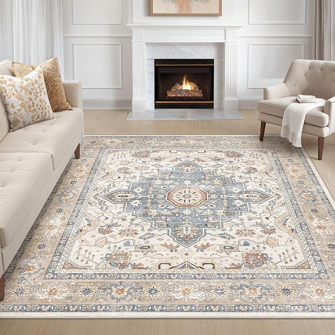 Square Rug 8x8 Living Room: Washable Boho Large Neutral Vintage Soft Rugs Stain Resistant Distressed Farmhouse Non-Slip Indoor Floor Carpet for Bedroom Nursery Kids Office Dining Room- Beige Blue