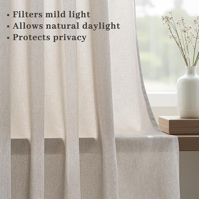 Natural Pinch Pleated Curtains 84 Inch Length 2 Panels for Living Room Bedroom Linen Textured Semi Sheer Privacy Window Curtain Boho Neutral Back Tab Pinch Pleat Drape with Hooks Rings 84 Inches Long