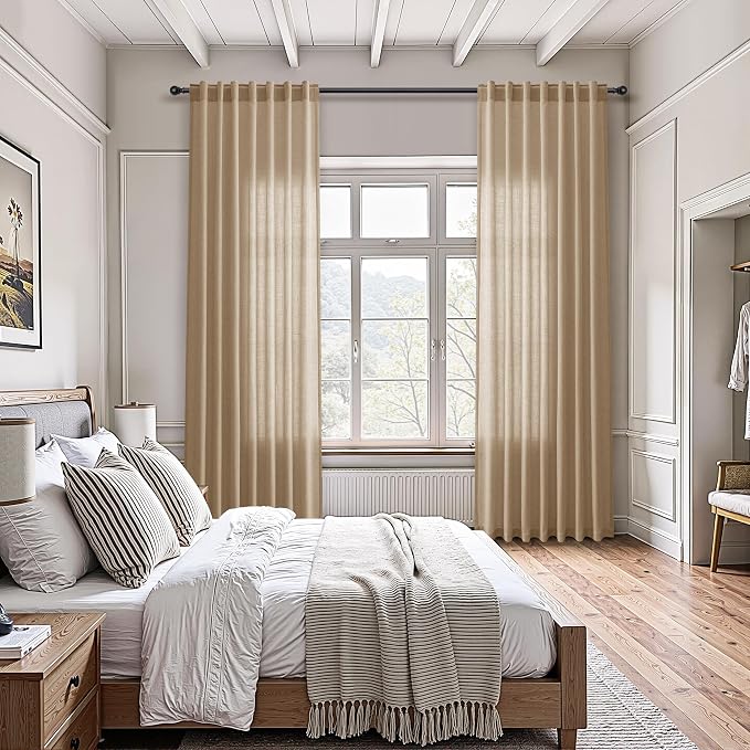 Aersas Sand Beige Linen Curtains 108 Inches Length for Living Room Flax Texture Wave Fabric Semi Sheer with Rod Pocket Back Tab for Bedroom Balcony Light Filtering Neutral Home Decor 52x108