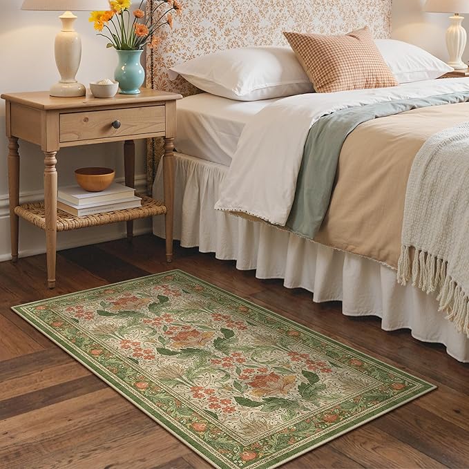 Bavni 3x5 Area Rugs, Floral Machine Washable Rugs for Living Room, Dinning Room, Bedroom, Non Slip Aesthetic Vintage Low Pile Durable Lightweight Farmhouse Rug, Sage Green & Burnt Orange