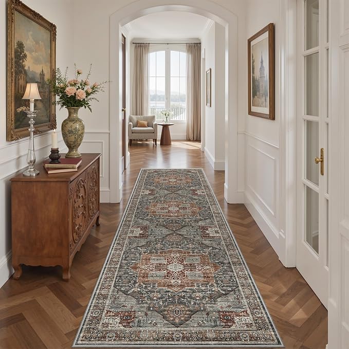 Roxstand Washable 2.6x8 Hallway Runner Rug, Grey/Brown/Tan | Low-Pile Carpet, Non-slip Backing,8ft Runner, Stain Resistant, Runner for Kitchen, Laundry Room, Entryway, Vintage Design