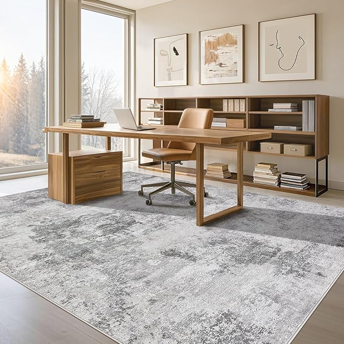 Tortania Washable 10x14 Area Rug for Living Room: Modern Abstract Neutral Large Soft Thin Rugs - Non Slip Indoor Carpet for Bedroom Dining Room Office Nursery Home Floor Decoration - Smoky Gray