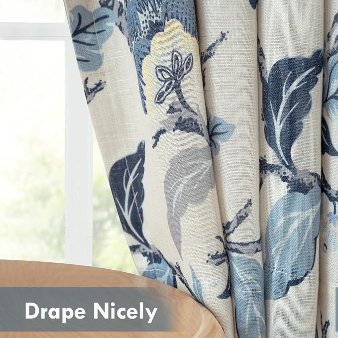 DriftAway Ada Floral Botanical Print Flower Leaf Lined Thermal Insulated Room Darkening Blackout Tie Up Window Curtains 2 Layers Each 45 Inch by 63 Inch Navy