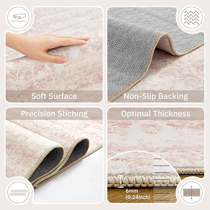 Soalmost Pink 8x10 Area Rugs for Baby Girl Nursery, Washable Soft Rugs | Vintage Floral Non-Slip Low Pile Throw Carpet for Living Room Dining Room Bedroom Kids Playroom 8'x10'