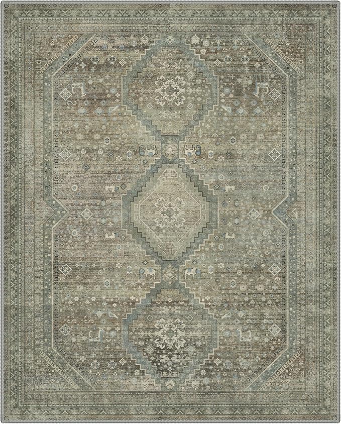 GENIMO 8x10 Area Rugs for Living Room, Machine Washable Non Slip Rugs, Low Pile Lightweight Vintage Print Rug for Bedroom, Dining Room, Home Office, Sage/Blue