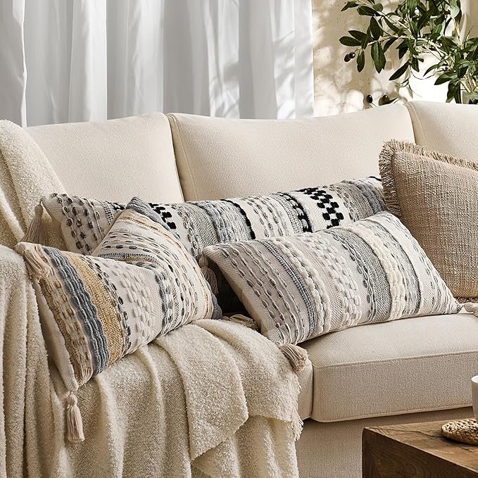 Kevin Textile 14x20 Inch Lumbar Throw Pillow Cover 1 Pack Boho Decorative Soft Chenille Thread Woven Tufted Textured Rectangle Cushion Case Farmhouse Accent for Living Room Couch Sofa Bed, Beige