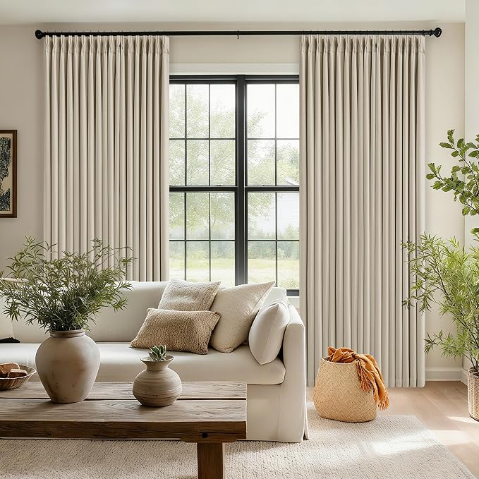 Extra Wide Oatmeal Beige Blackout Sliding Glass Door Curtains 108 Inches Long Memory Trained Pinch Pleated Linen Double Layer Black Out Heat Blocking Curtain 70 Inch Width 108 Inch Length 1 Panel