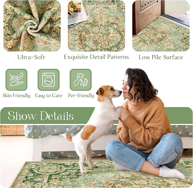 Boho Vintage Floral Area Rug 3x5, Low Pile Non Slip Washable Rug for Entryway Bedroom Living Room, Small Decorative Carpet,Sage Green
