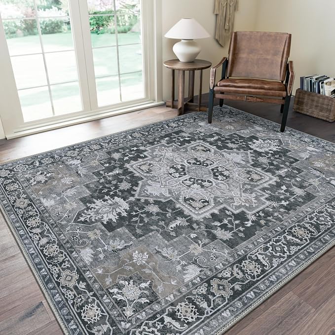 GENIMO 2x12 Runner Rugs for Hallway, Machine Washable Non Slip Vintage Rugs, Low Pile Lightweight Soft Print Rug for enrtyway, Corridor, Home Office, Kitchen,Dark Gray