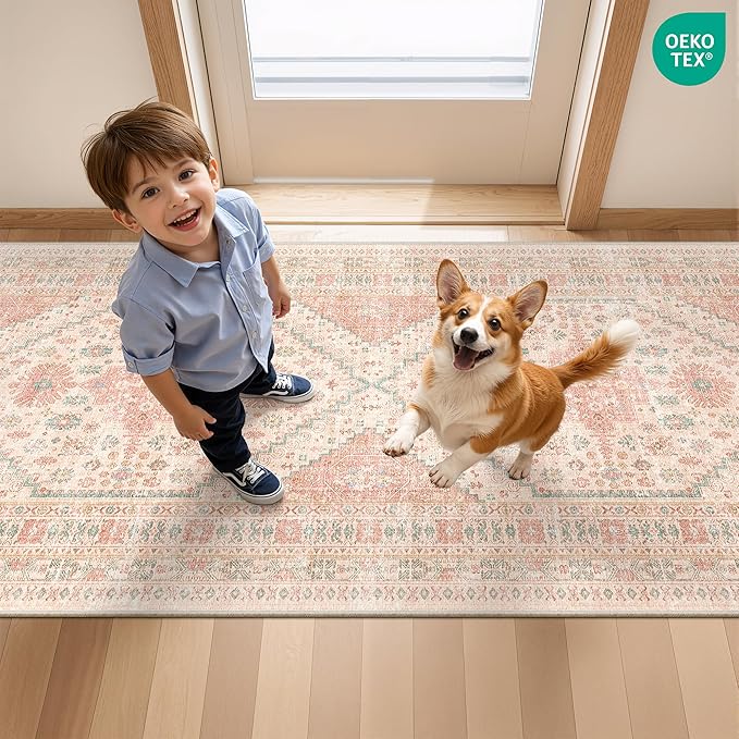 Hallway Runner Rug 2x12, Extra Long Washable Runner Rugs with Rubber Backing, Non Slip Runner, Vintage Rug Runners for Kitchen Laundry Room Entryway (Pink,2'x12')