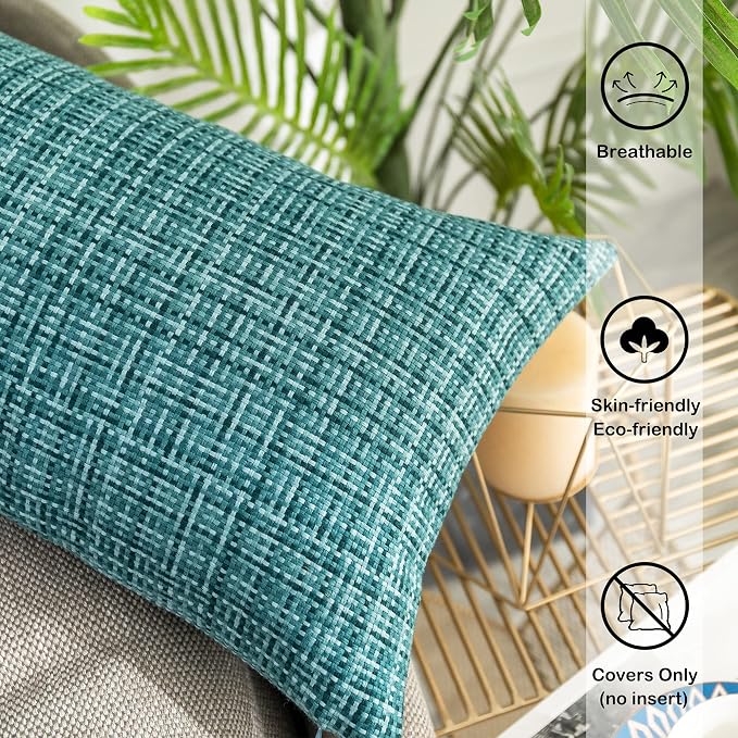 Kevin Textile Pack of 2 Decorative Outdoor Waterproof Throw Pillow Covers Lumbar Pillowcases Modern Cushion Cases for Patio Couch Bench 12 x 20 Inch Teal