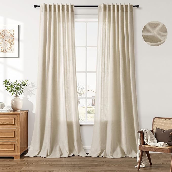 Aersas Eggshell Beige Linen Curtains 90 Inches Length for Living Room Flax Texture Wave Fabric Semi Sheer with Rod Pocket Back Tab for Bedroom Balcony Light Filtering Neutral Home Decor 52x90
