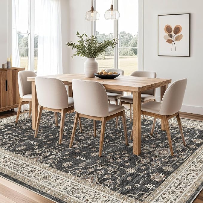 Area Rug for Living Room - 10x14 Soft Washable Oriental Vintage Floral Distressed Large Carpet - Fade Stain Resistant Non Slip Rugs for Bedroom Dining Room Nursery Dorm Office Home Decor - Black