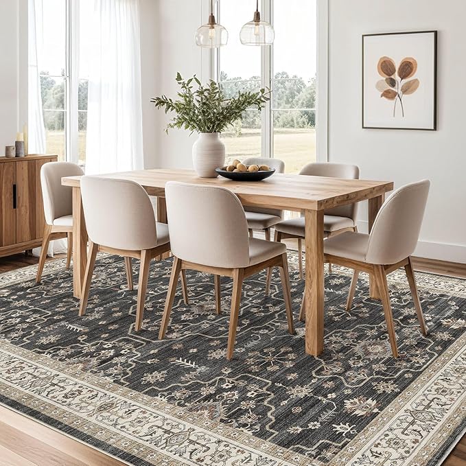 Area Rug for Living Room - 8x10 Soft Washable Oriental Vintage Floral Distressed Large Carpet - Fade Stain Resistant Non Slip Rugs for Bedroom Dining Room Nursery Dorm Office Home Decor - Black
