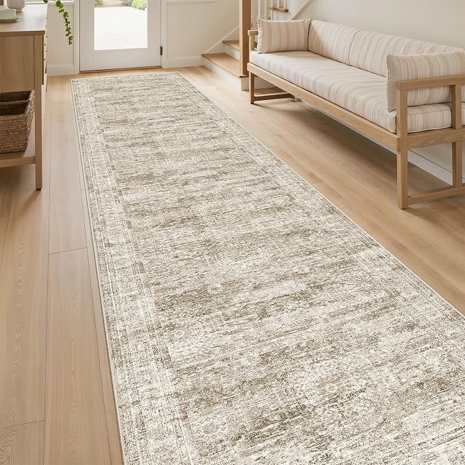 Runner Rug 2'6" x 10' Washable Non-Slip Runner Rugs for Kitchen Bathroom Laundry Room Vintage Ultra Thin Runners for Hallway Entryway Brown