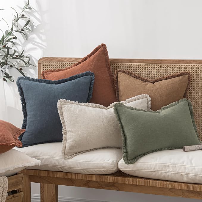 MIULEE Decorative Throw Pillow Covers Neutral Linen Fringe Throw Pillows Euro Shams Set of 2 Brown Boho Farmhouse Cushion Covers for Couch Sofa Bed Living Room Fall Home Decor 24x24 Inch