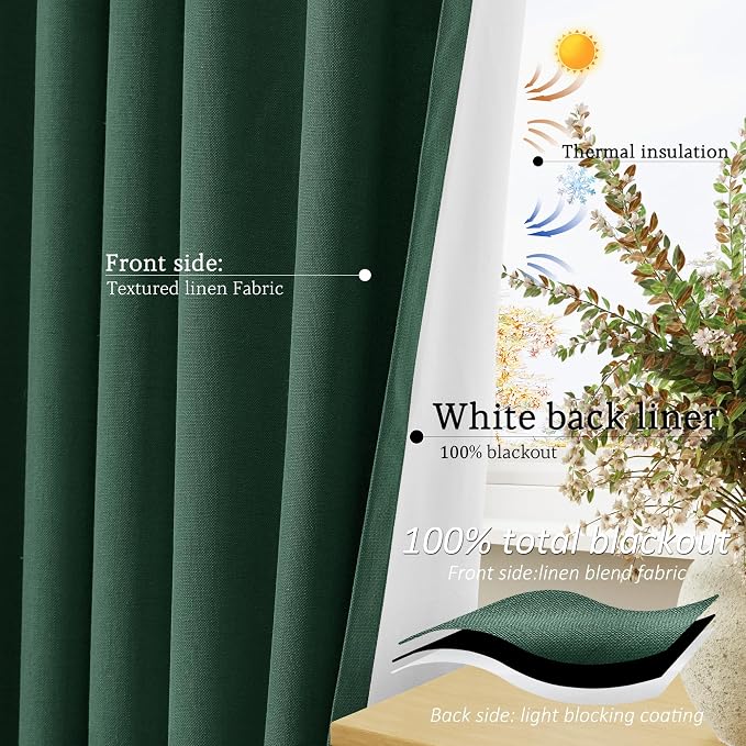 Jowels Green Linen Blackout Curtains 84 Length 2 Panels Set for Living Room Bedroom, 100% Black Out Thermal Insulated Linen Drapes, Room Darkening Grommet Curtains 84 Inches Long, Green