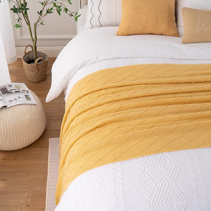 BATTILO HOME Yellow Throw Blanket with Fringe, Gold Bed Throws Spring Decorative Large Throw for Couch Sofa Indoor Outdoor (Yellow, 52"x80")