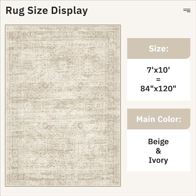Soalmost 7x10 Area Rug for Living Room Washable Abstract Vintage Soft Thin Indoor Floor Non-Slip Carpet for Bedroom Dining Room Beige
