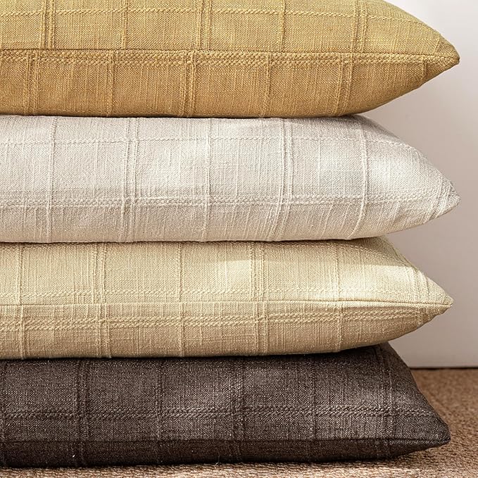 Foindtower Set of 2 Decorative Linen Check Throw Pillow Covers Neutral Farmhouse Vintage Cushion Covers Modern Boho Accent Home Decor for Sofa Chair Couch Bedroom Living Room,18×18 Inch,Light Yellow