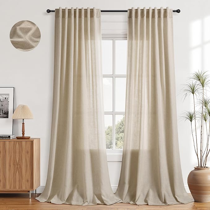 Aersas Taupe Burlywood Linen Curtains 102 Inches Length for Living Room Flax Texture Wave Fabric Semi Sheer with Rod Pocket Back Tab for Bedroom Balcony Light Filtering Neutral Home Decor 52x102