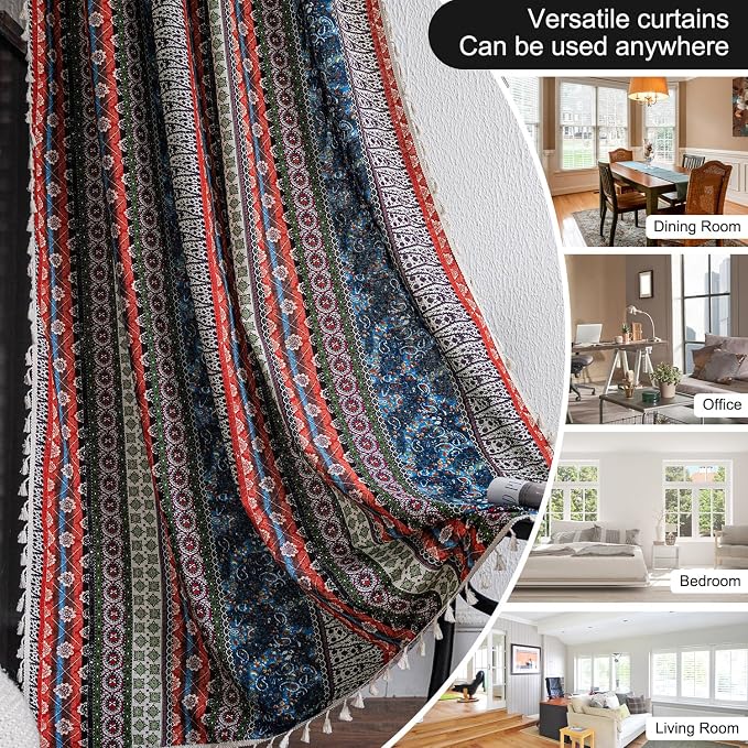 VOGOL Extra Long Boho Curtains, Red & Blue Striped Print Window Treatments for Kitchen, Faux Linen Bohemian Drapes with Decorative Tassels, 1 Piece, 52 x 108