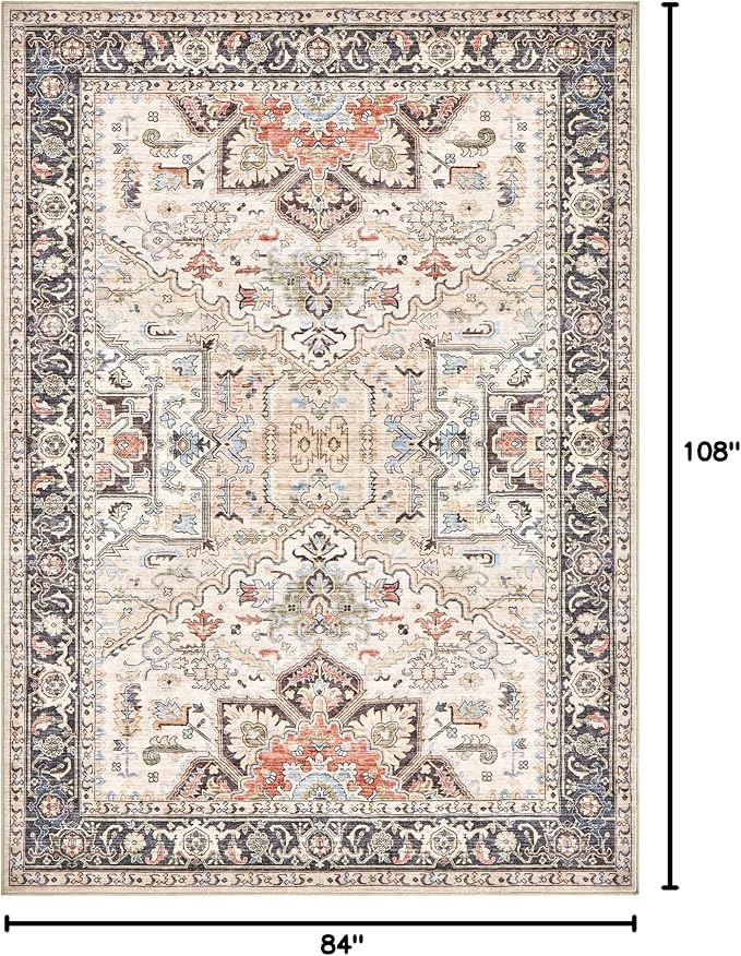 Area Rug for Living Room - 7x9 Soft Washable Oriental Vintage Floral Distressed Large Carpet - Fade Stain Resistant Non Slip Rugs for Bedroom Dining Room Nursery Dorm Office Home Decor - Multi