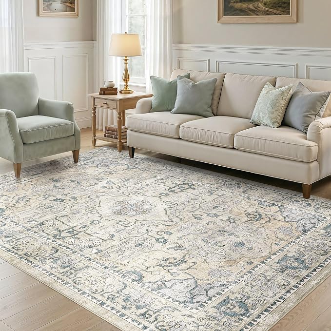 cotiled 10x12 Area Rug Machine Washable Vintage Carpet for Living Room Bedroom Soft Non-Slip Backing Floor Mat Kid & Pet Friendly Stain Resistant Green