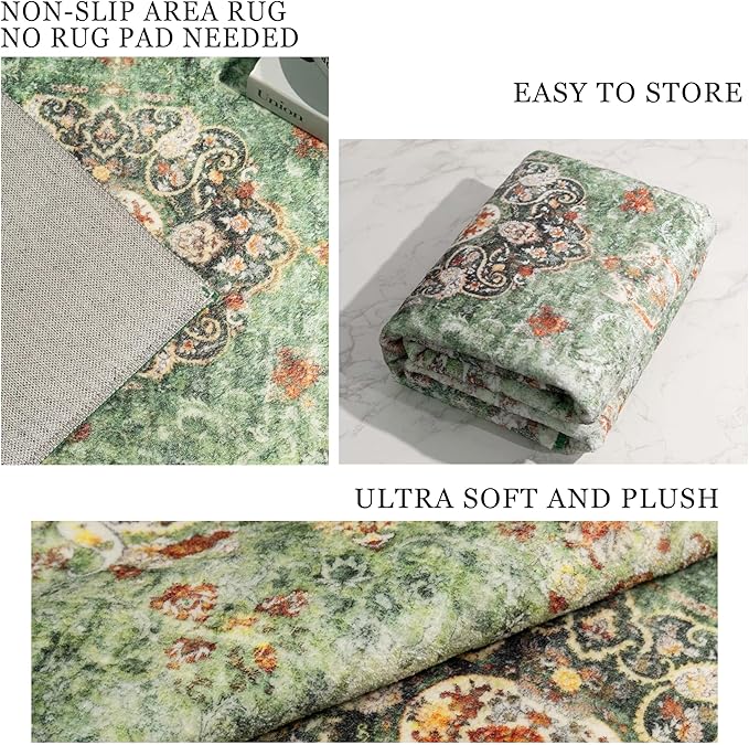 Washable Runner Rug 2'x6',Green Rug Runners Non Slip,Long Boho Rugs for Hallways Kitchen Bedroom Entryway Living Room Bathroom,Vintage Bohemian Distressed Oriental Floor Carpet