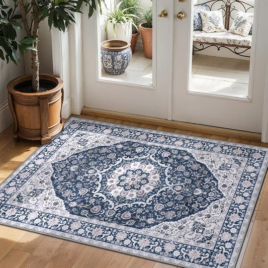 Tangsoo 2x3 Small Throw Rugs for Entryway Washable Entry Rug Non Slip,Vintage Blue Floral Indoor Rugs Small Carpet Soft Low Pile Boho Front Door Mat for Entrance Bedroom Kitchen Bathroom Foyer Decor