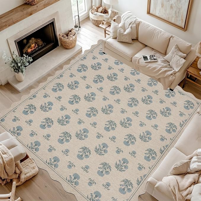 ORTIGIA Scalloped Easy Jute 8x10 Area Rug Vintage Blue Floral Farmhouse Washable Rug Non-Slip Indoor Outdoor Carpet for Living Room Bedroom Patio Entryway