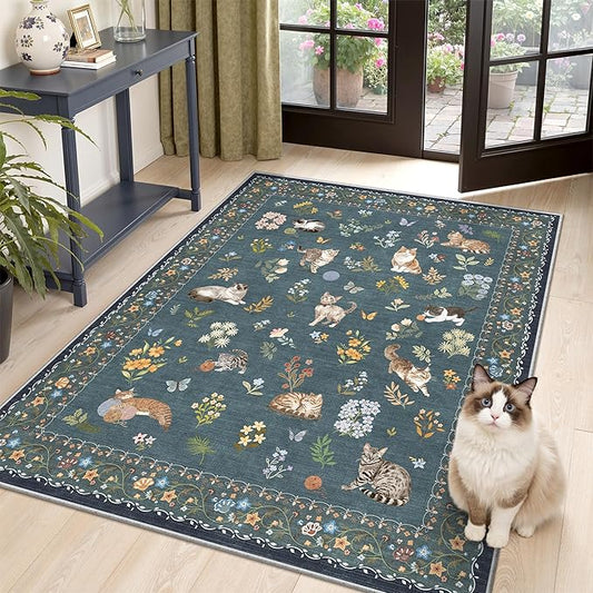 Soalmost Cat 3x5 Area Rugs for Entryway, Machine Washable Animal Floral Accent Rug Non-Slip Low Pile Soft Throw Rugs for Kitchen Bedside Living Room Bedroom Kids Room (3 x 5,Navy Blue)