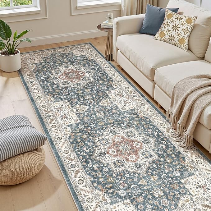 Vintage Hallway Runner Rug 3x12: Large Soft Washable Entryway for Kitchen Laundry Room Non-Slip Backing Runner for Entrance Living Room Bedroom Bathroom - Vintage Blue