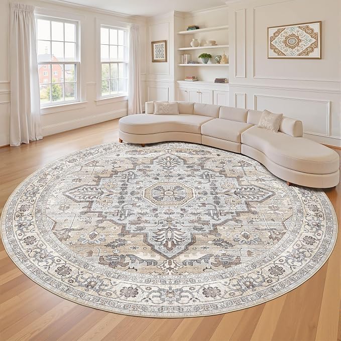 Round Rug Living Room Rugs: 10x10 Washable Boho Neutral Large Circle Soft Indoor Distressed Stain Resistant Floor Farmhouse Carpet for Bedroom Nursery Kids Playroom Office Dining Room Dorm- Cream Gray
