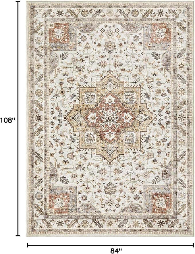 Vintage Living Room Area Rug 7x9 - Large Soft Washable Oriental Traditional Distressed Farmhouse Rugs for Bedroom - Indoor Floor Accent Carpet for Home Office House Decor - Golden Taupe