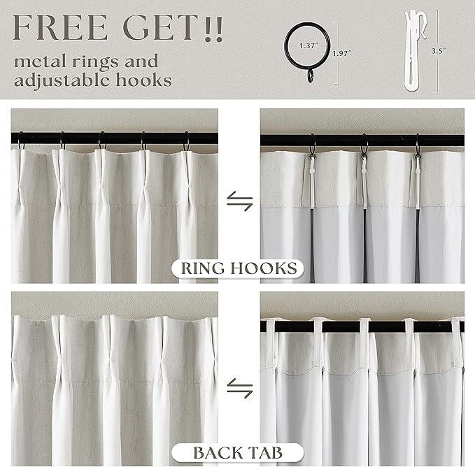 120 Inch 100% Blackout Linen Pleated Curtains 60 Inch Wide for Living Room Pinch Pleat Back Tab Black Out Drapes Memory Shape Heat Reducing Window Curtains for Bedroom 60x120 Beige White 1 Panel