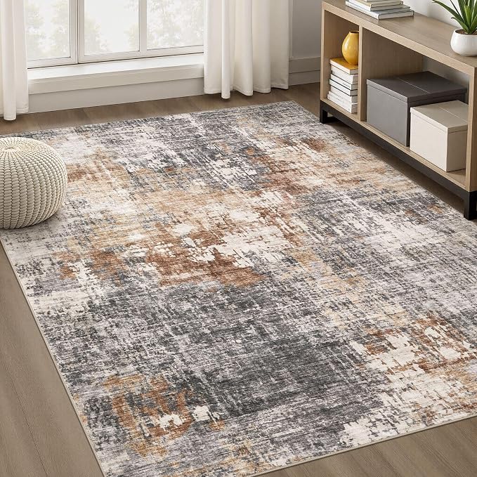 DMOYEST Area Rug Living Room Rugs - 5x8 Washable Large Soft Indoor Neutral Modern Abstract Low Pile Rug Carpet for Bedroom Dining Room Farmhouse Home Office - Grey Brown