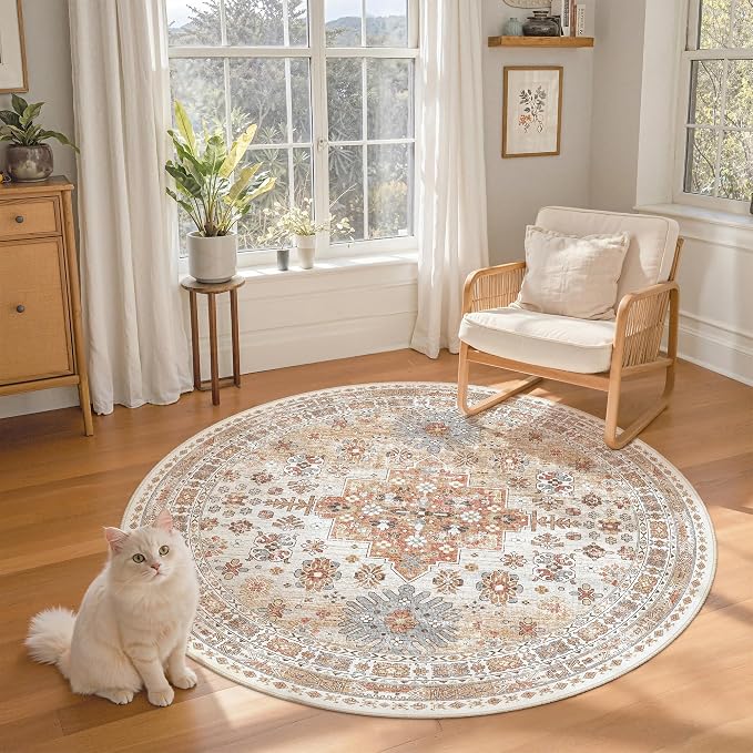 zesthome Washable Round Rug - 5ft Ultra-Thin Circle Area Rugs, Vintage Non-Slip Low Pile Rug for Living Room, Stain Resistant Rug for Bedroom, Entryway, Kitchen, Nursery