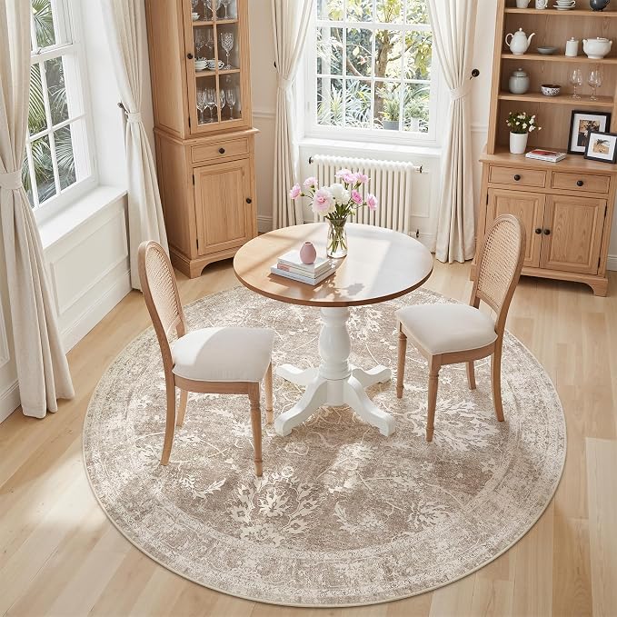 Madane Washable Round Rug 6ft for Living Room, Soft Ultra-Thin Non-Slip Vintage Floral Circle Area Rug, 6x6 Round Throw Carpet for Entryway Nursery Bedroom Kitchen Dining Room (Brown/Sand, 6'Round)