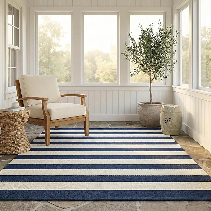 Fab Habitat Machine Washable Area Rug - Hand Woven, Stain Resistant, Pet Friendly - Premium Recycled Polyester Yarn - Stripes - Kitchen, Bathroom, Laundry Room - Nantucket - Blue & White - 3 x 5 ft