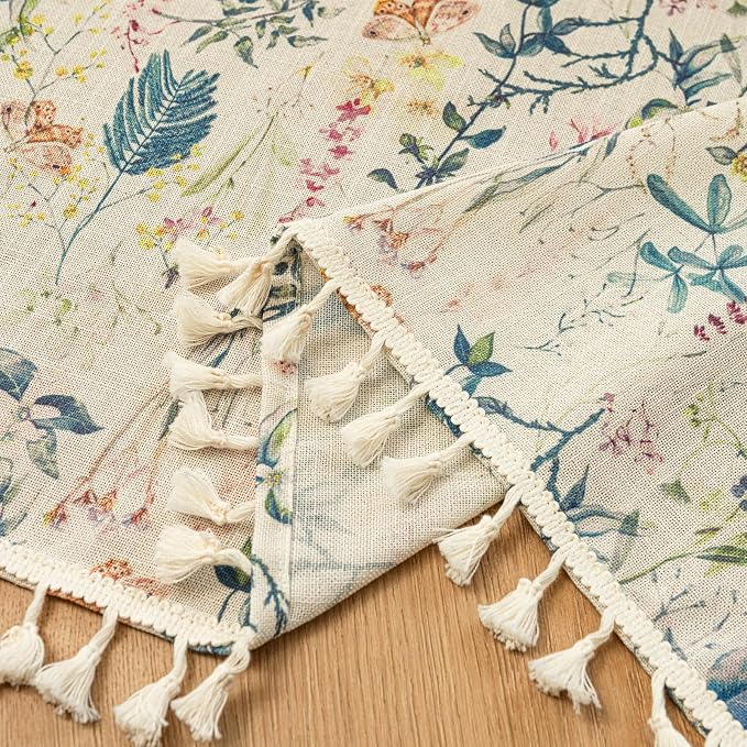 Deeprove Blue Boho Kitchen Valance Printed for Bedroom Living Room Cafe Botanical Florals Curtain with Tassel Vintage Bohemian Retro Window Small Short Treatment Light Filtering 1 Panel 52W x 18L
