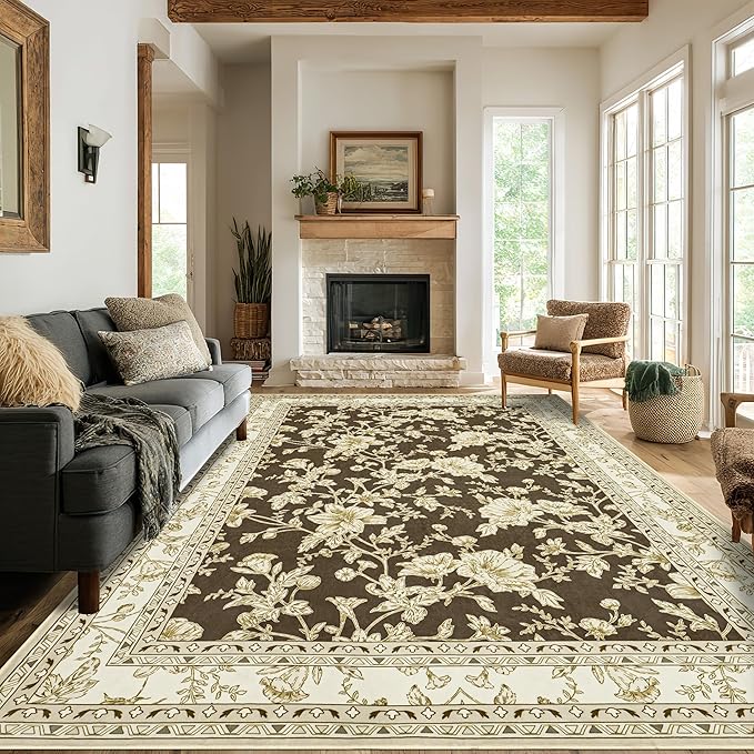 Browm Farmhouse Washable 9x12 Area Rugs for Living Dining Room Bedroom Office Kitchen Table Large Rug for Under Table, Beige Cream Taupe Sketch Pattern Floral Vintage Boho Farmhouse Home Decor